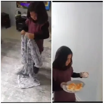 Girl Folding Blanket and Carrying Plate