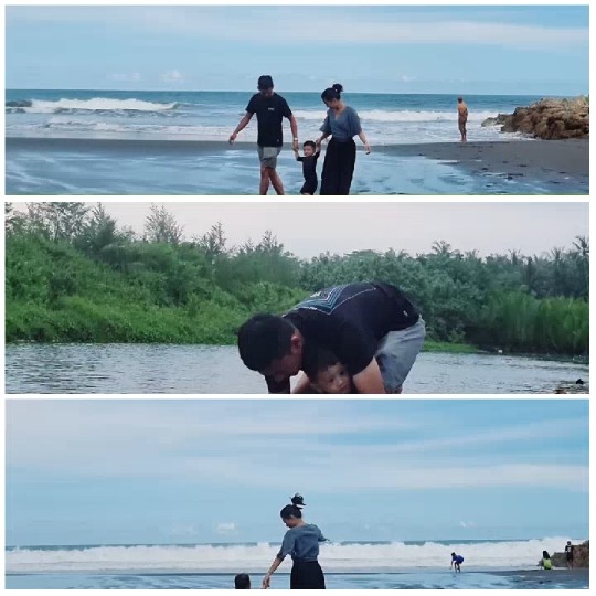 Family at Beach and River Scene