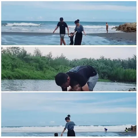 Family at Beach and River Scene