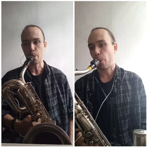 Saxophone Player in Plaid Shirt