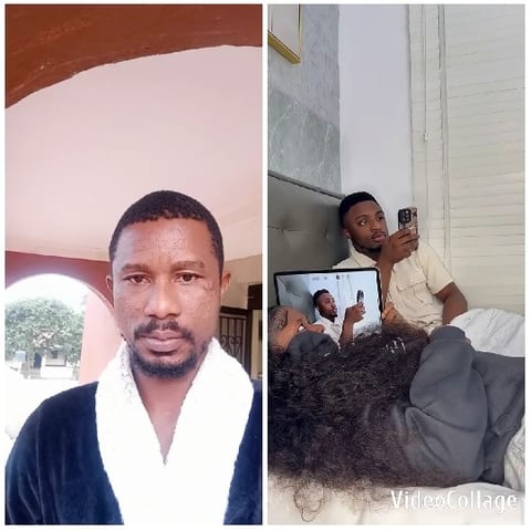 Man in Robe and Couple on Bed