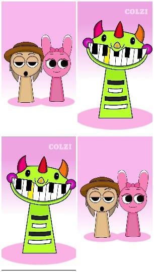 Four Cartoon Characters on Pink Background