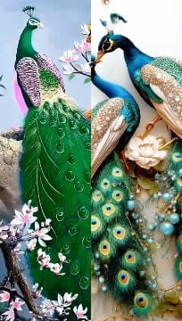 Colorful Peacocks Surrounded by Flowers