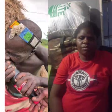 Person Drinking and Another with Bags