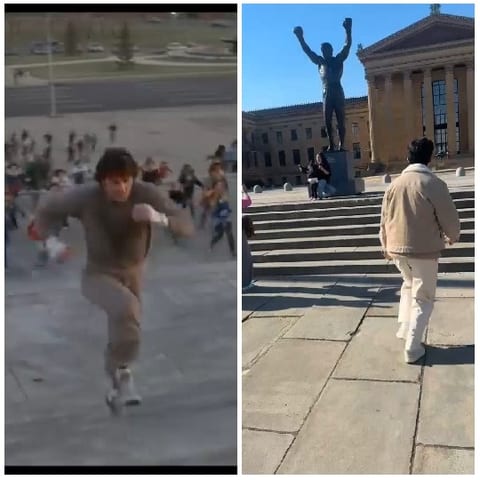 Running Up Steps Towards Statue