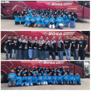 Group Posing by Red Bus
