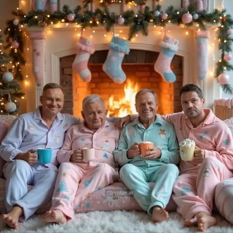Men in Matching Pajamas by Fireplace