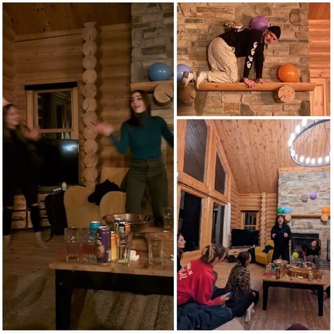 Party Scene Inside a Wooden Cabin