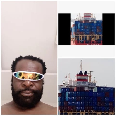 Man in Sunglasses and Cargo Ship