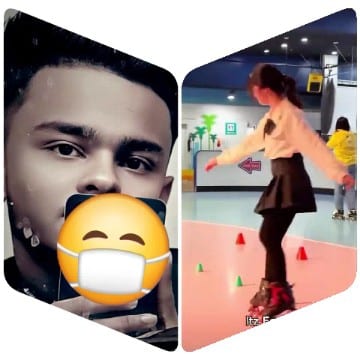 Man with Emoji and Roller Skating Girl