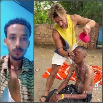 Man Pours Water on Another Outdoors