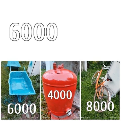 Images of Wheelbarrow, Tank, and Bicycle