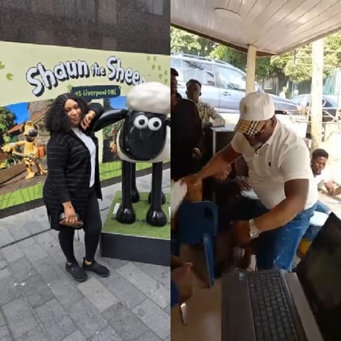 Woman with Shaun the Sheep Statue