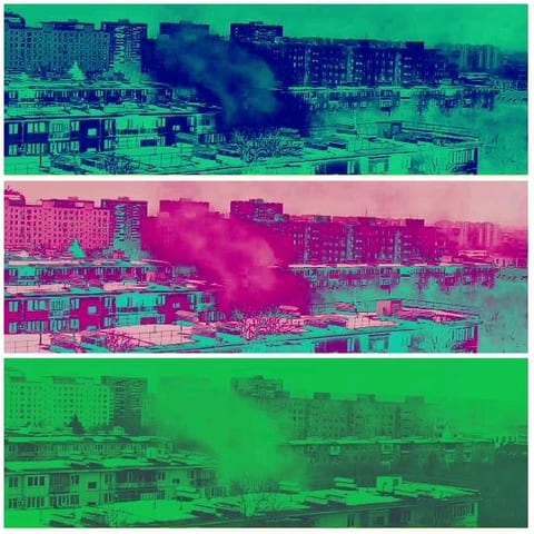 Color-Filtered Cityscape with Smoke