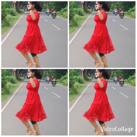 Woman in Red Dress Dancing Outdoors