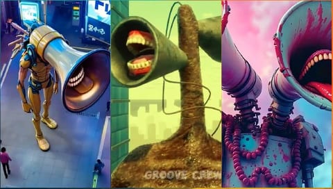 Surreal Figures with Megaphone Heads
