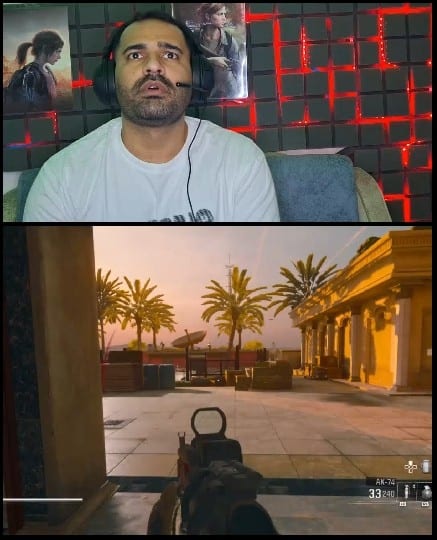 Gamer on Couch with Video Game Screenshot