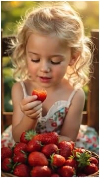 Girl with Strawberry at Outdoor Table