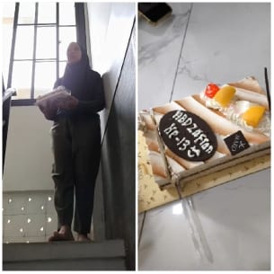 Person with Cake Box and Birthday Cake