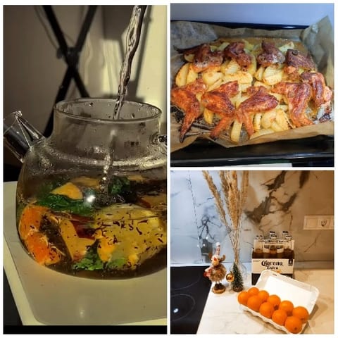 Teapot with Fruit and Baked Chicken
