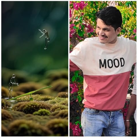 Water Droplet Figures and Smiling Person