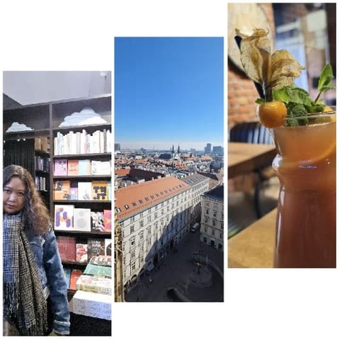 Woman in Bookstore and Cityscape