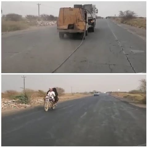 Truck on Cracked Road and Motorcycle