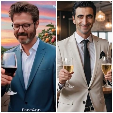 Two Men in Formal Attire with Drinks
