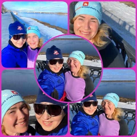 Two Women Smiling by Icy River
