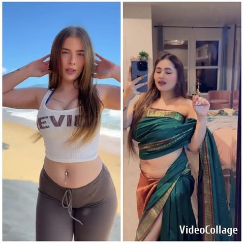 Beach and Mirror Poses of One Woman