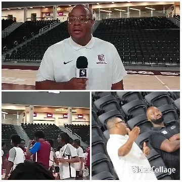 Man with Microphone on Basketball Court