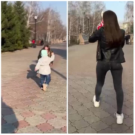 Children Walking and Woman with Object