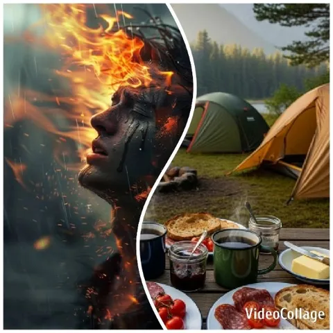 Artistic Head with Flames and Camping Scene
