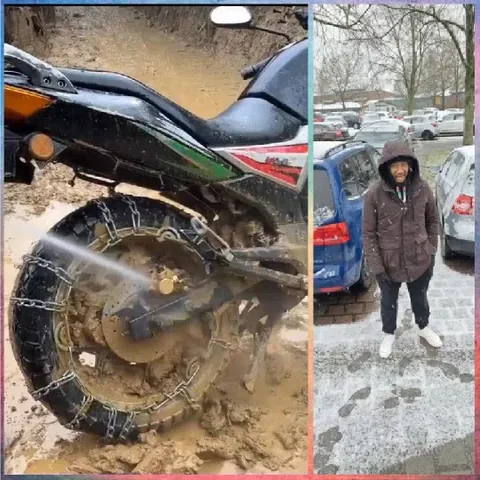 Motorcycle Being Washed and Snowy Pavement