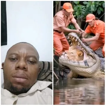 Man and Crocodile Handlers Outdoors
