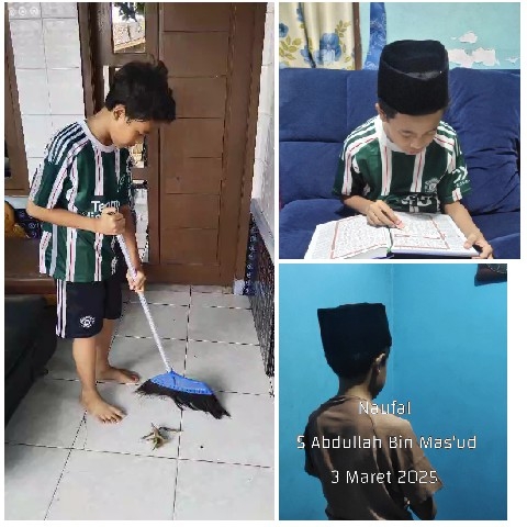 Boy Sweeping and Reading at Home