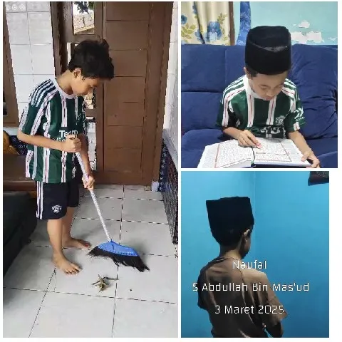 Boy Sweeping and Reading at Home