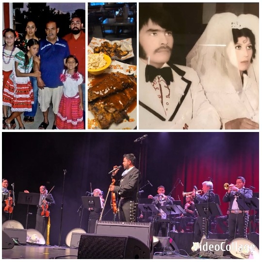 Family Posing with Food and Band Performance