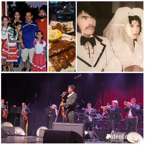 Family Posing with Food and Band Performance