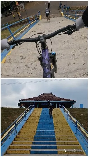 Cyclists Descending and Climbing Stairs