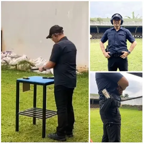 Person Outdoors with Firearm at Table