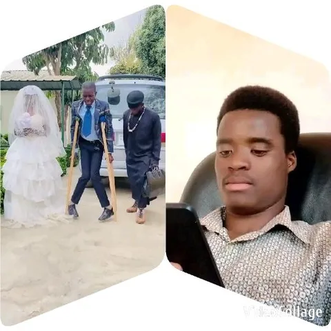 Bride Outdoors with Crutches Nearby