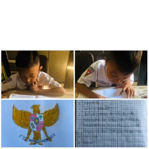 Child Writing with Eagle Emblem Nearby