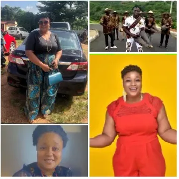 Woman by Car and Dancing Group